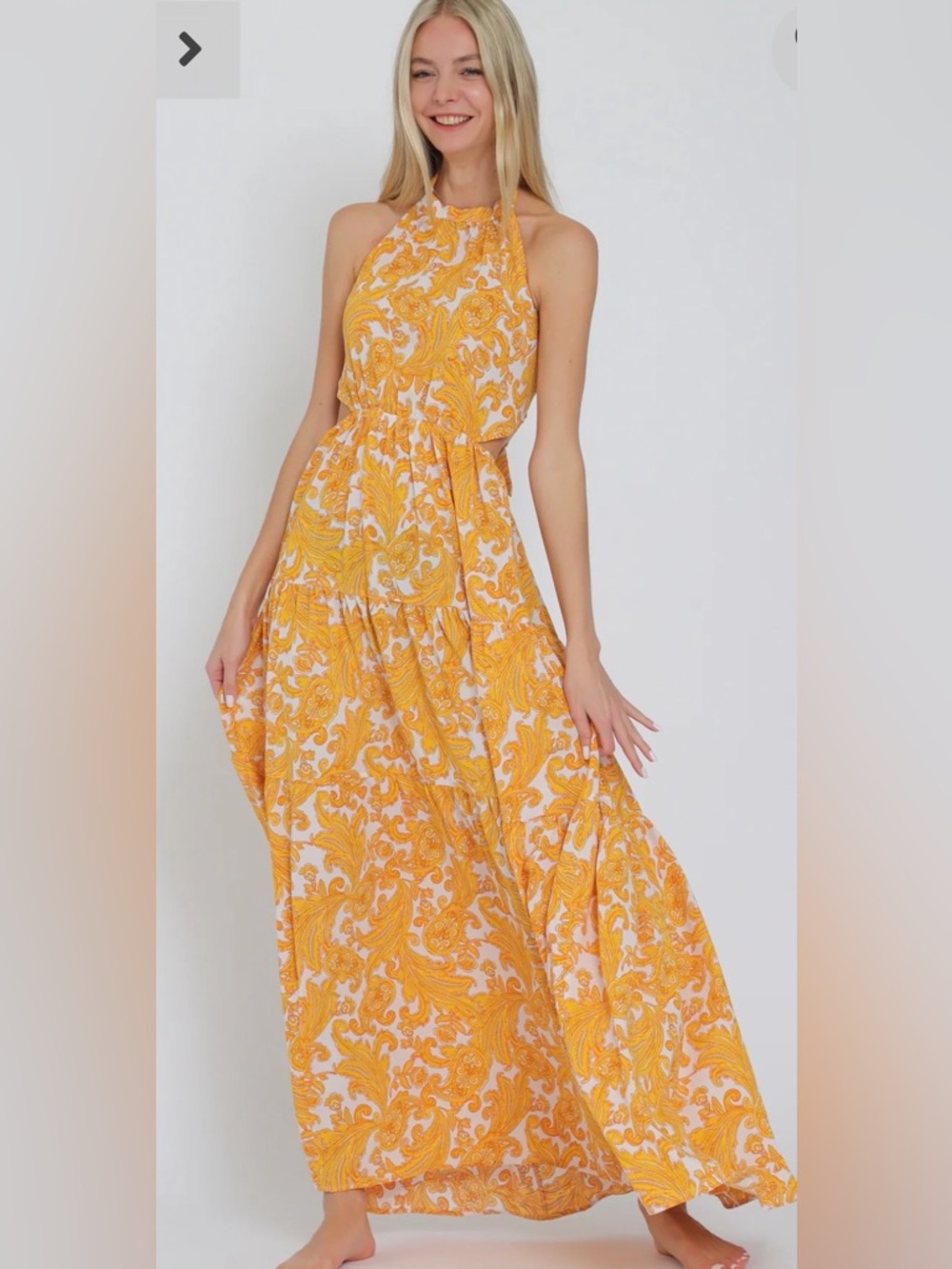 Aakaa Yellow and White Paisley Halter Maxi Dress